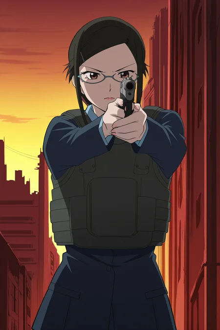 anime screencap, anime coloring, detailed face, masterpiece, best quality, very aesthetic, absurdres, volumetric lighting, official style, amazing quality, ultra detailed, highres, amazing quality, scenery, beautiful detailed hair, beautiful detailed eyes, defined fingers, five fingers,
<lora:StS-Illustrious-Detail-Slider-v1.0:4>
<lora:Misaki_Kirihara_Darker_Than_Black:1>
outside, a war is happening, crumbling buildings,
Misaki bullet vest (outfit), Misaki Kirihara (character), 1girl, weapon, gun, solo, glasses, holding weapon, bulletproof vest, aiming, load bearing vest, holding, handgun, black hair, holding gun, brown eyes, body armor, pointing gun