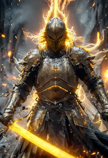 1man, armored samurai in golden samurai armor, wearing samurai helmet and armor, golden fire, wielding dual swords:1.2, brave perspective, reflection, glowing golden fire, golden lightning shatter, , glowing sword, motion blur, emphasis line, outdoor in the darkness, looking at viewer, katanas