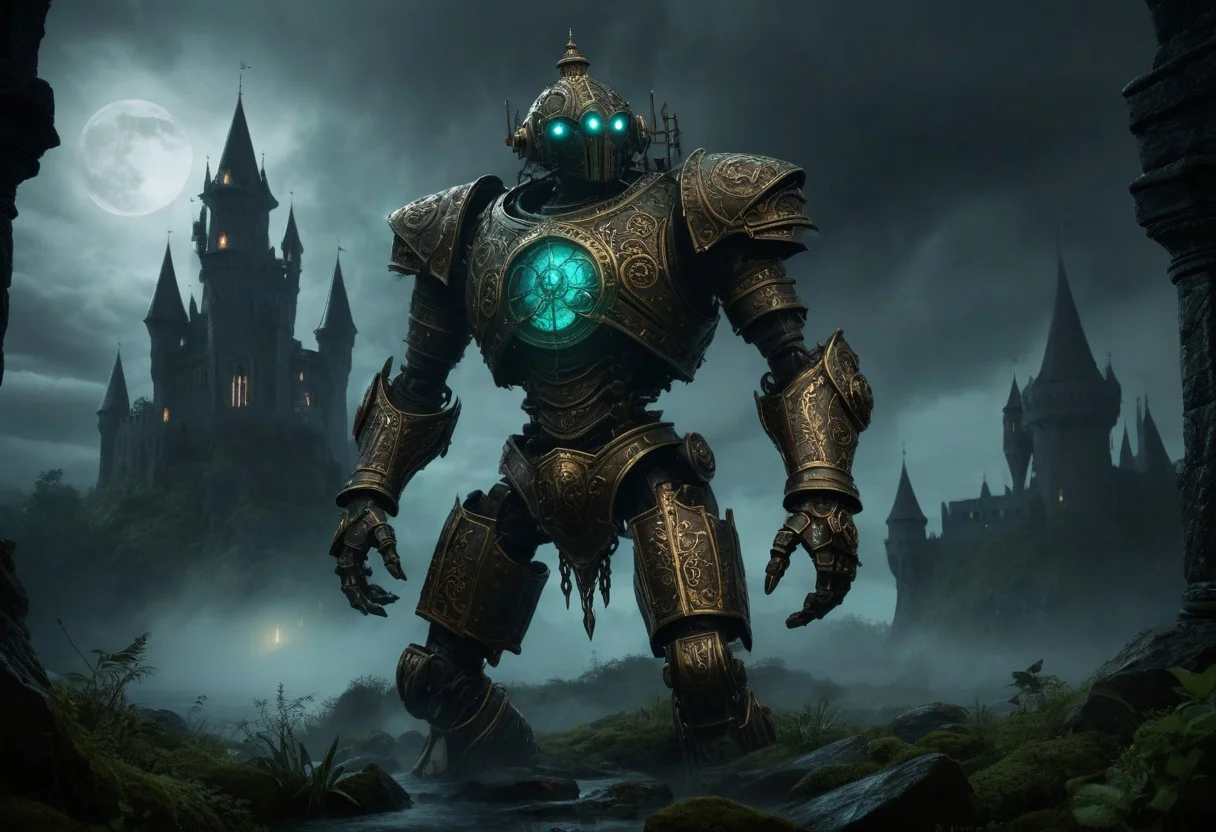 giant bipedal robot brass and dark teal striped paint, bronze paisley robot. lacy robot metal. glass helmet torso head. outside of a steampunk keep. large detailed torso. dark image. one forty foot tall ancient robot with great arms and two heavy spring legs. dark foggy night background. $dark foggy night image only. dark photo realistic image. steampunk details. cogs, chains and pipes incorporated in the fantasy buildings. magic wizards tower in background. Dark swamp, moss, castle ruins, wizards tower. stormy dark night. stormy sky. rain