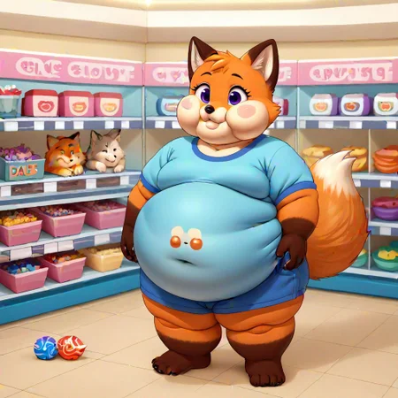 ASCIIfat, fox, girl, child, cute, chubby, tubby, big belly, belly shirt, puffy cheeks, waddle, round body, candy store, chubby arms, chubby legs