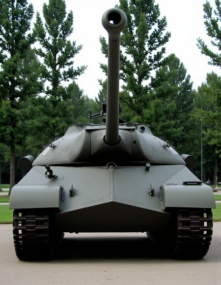 <lora:is3:0.9>is3,This is the Soviet heavy tank, IS3. The vehicle length is 6.67 m, the overall width is 3.2 m, and the overall height is 2.45 m.from front.low angle.Tracks, Close-up of the gun muzzle.no humans.front fender has come off, exposing the tracks.tree.