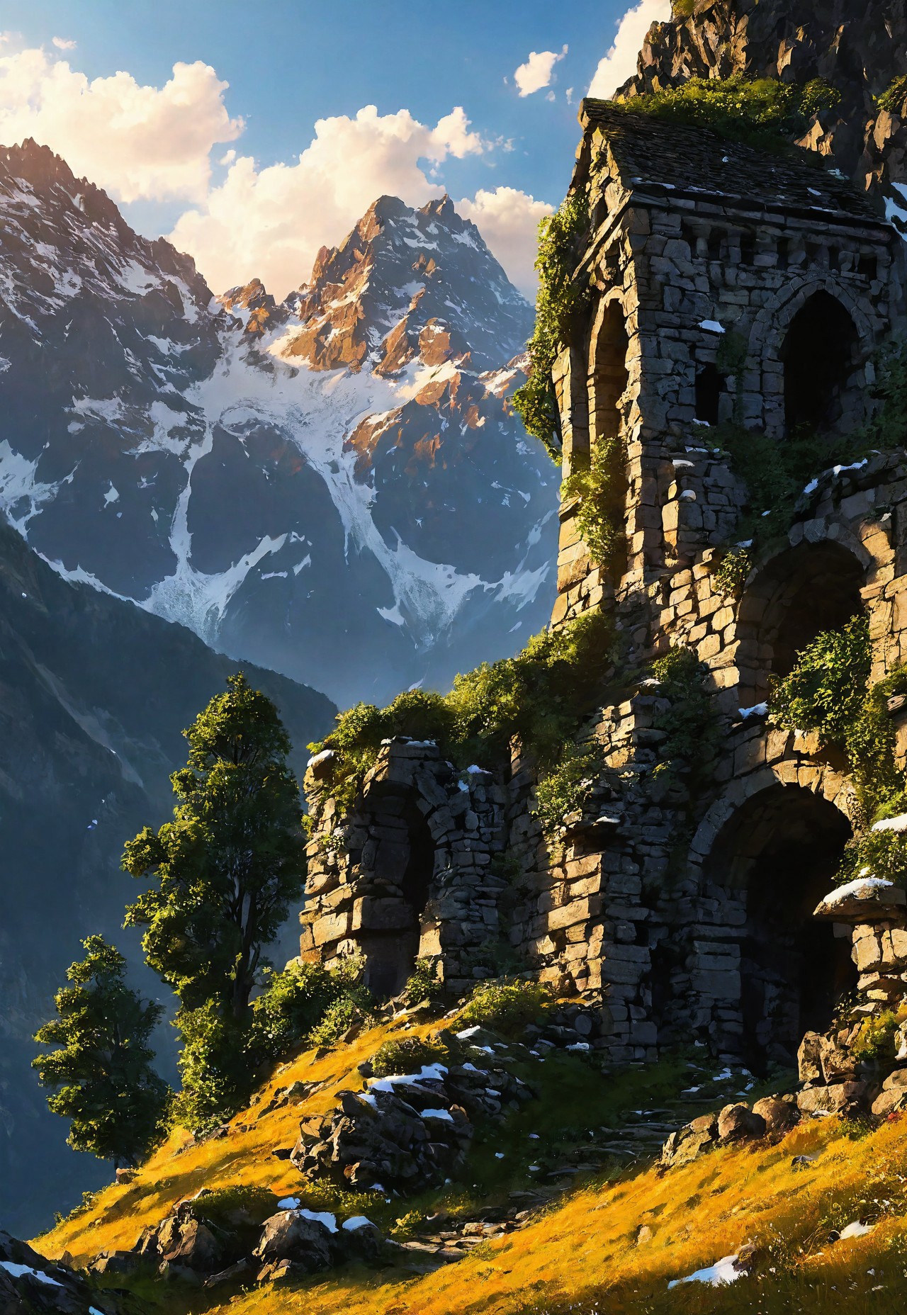 (ruins, broken, snow, dappled sunlight:1.2), sun, tree, forest, scenery, rock, reflection, ancient, overgrown, mountains, sunset, clouds, mountainous horizon, fantasy, medieval, 1other, looking away (masterpiece, exceptional, best aesthetic, best quality, masterpiece, extremely detailed:1.2), in the style of umempart
 (8k uhd:1,4)
 <lora:add-detail-xl:1>
 <lora:Dynamic Poses:1>
