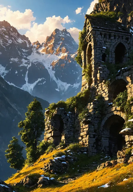 (ruins, broken, snow, dappled sunlight:1.2), sun, tree, forest, scenery, rock, reflection, ancient, overgrown, mountains, sunset, clouds, mountainous horizon, fantasy, medieval, 1other, looking away (masterpiece, exceptional, best aesthetic, best quality, masterpiece, extremely detailed:1.2), in the style of umempart
 (8k uhd:1,4)
 <lora:add-detail-xl:1>
 <lora:Dynamic Poses:1>