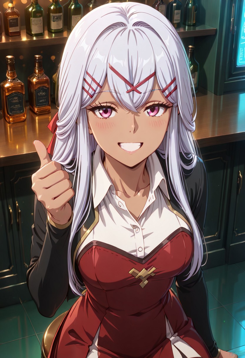 score_9, score_8_up, score_7_up, dynamic view, eye_focus, solo, looking_at_viewer, 1girl, 
masterpiece, best quality, bokeh, luminescent background,
(yulishia,  dark-skinned female, white hair, long hair, hair between eyes, bangs,  purple eyes, hair ornament, hairclip, x hair ornament, hair ribbon, red ribbon, medium breasts,   black jacked, white shirt, collared shirt, wing collar, long sleevs, red dress,  dress skirt, red skirt, black thighhighs, brown boots, scabbard, sword in scabbard, sword,
 ),
 looking_at_viewer, 1girl, masterpiece, best quality, bokeh, luminescent background, hand up, thumbs up, grin, looking at viewer, happy, (neon), plastic, (Scifi Style room), (cyberpunk), upper body, bar, half-closed eyes, sitting, stool, counter, holding beer stein, open mouth, blush, happy, open mouth