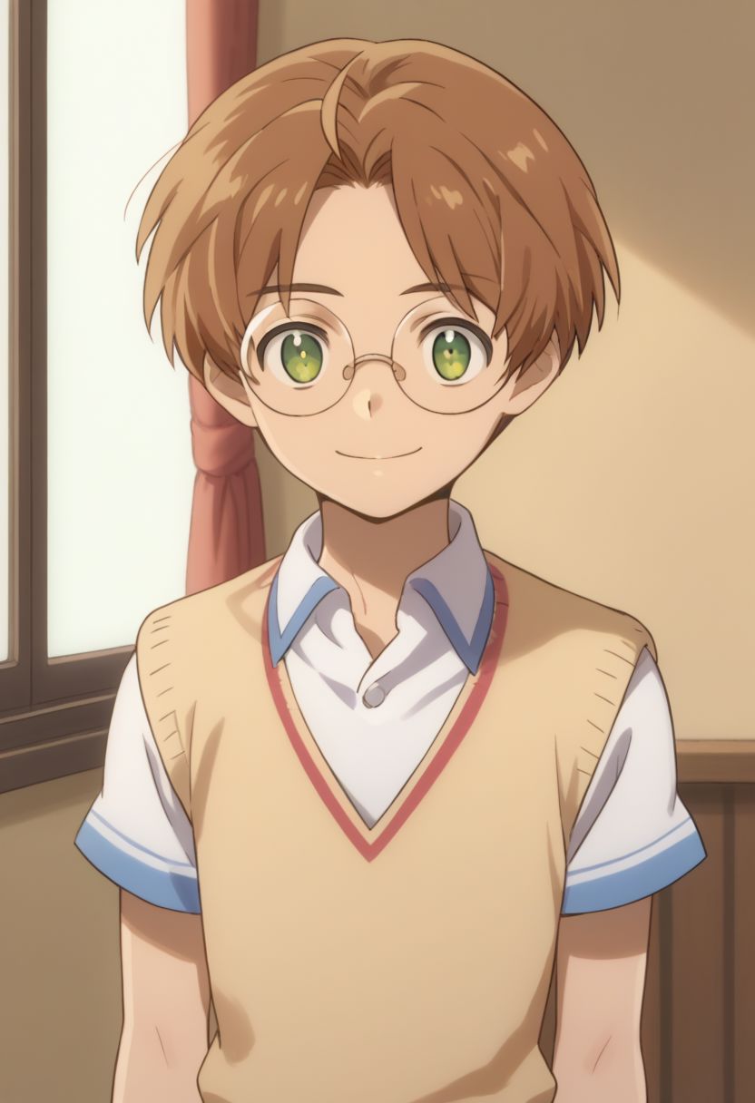 score_9, score_8_up, source_anime, highly detailed, 1boy, solo, male_focus, skinny,
1boy, 1boy, male focus, glasses, solo, brown hair, green eyes, facing viewer, upper body, short hair, white shirt, sweater vest, smile,
indoor,