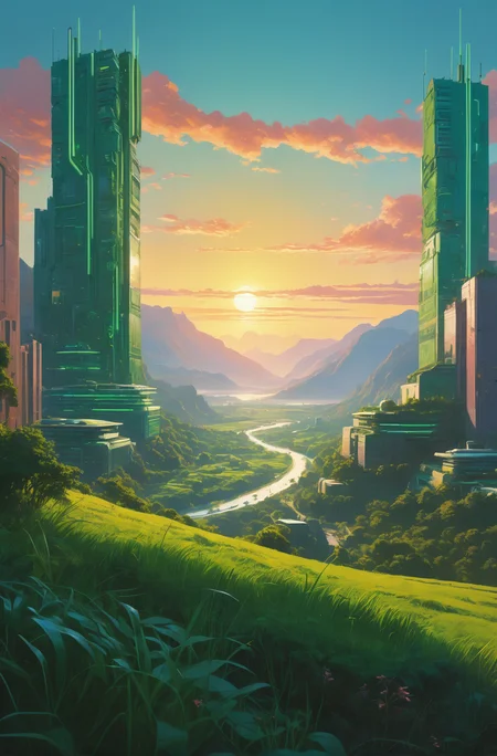 a cinematic composition depicting : we're overlooking a cyberpunk civilization in the valley with overgrown buildings, where a solarpunk tribe is peacefully collaborating with their android helpers with their bright green computer screens, octane render, hyperrealistic, at sunrise, by edward hopper jesper ejsing, by rhads, makoto shinkai and lois van baarle, ilya kuvshinov, rossdraws