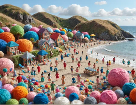 a yrnwrld beach scene<lora:Yarnworld:1>