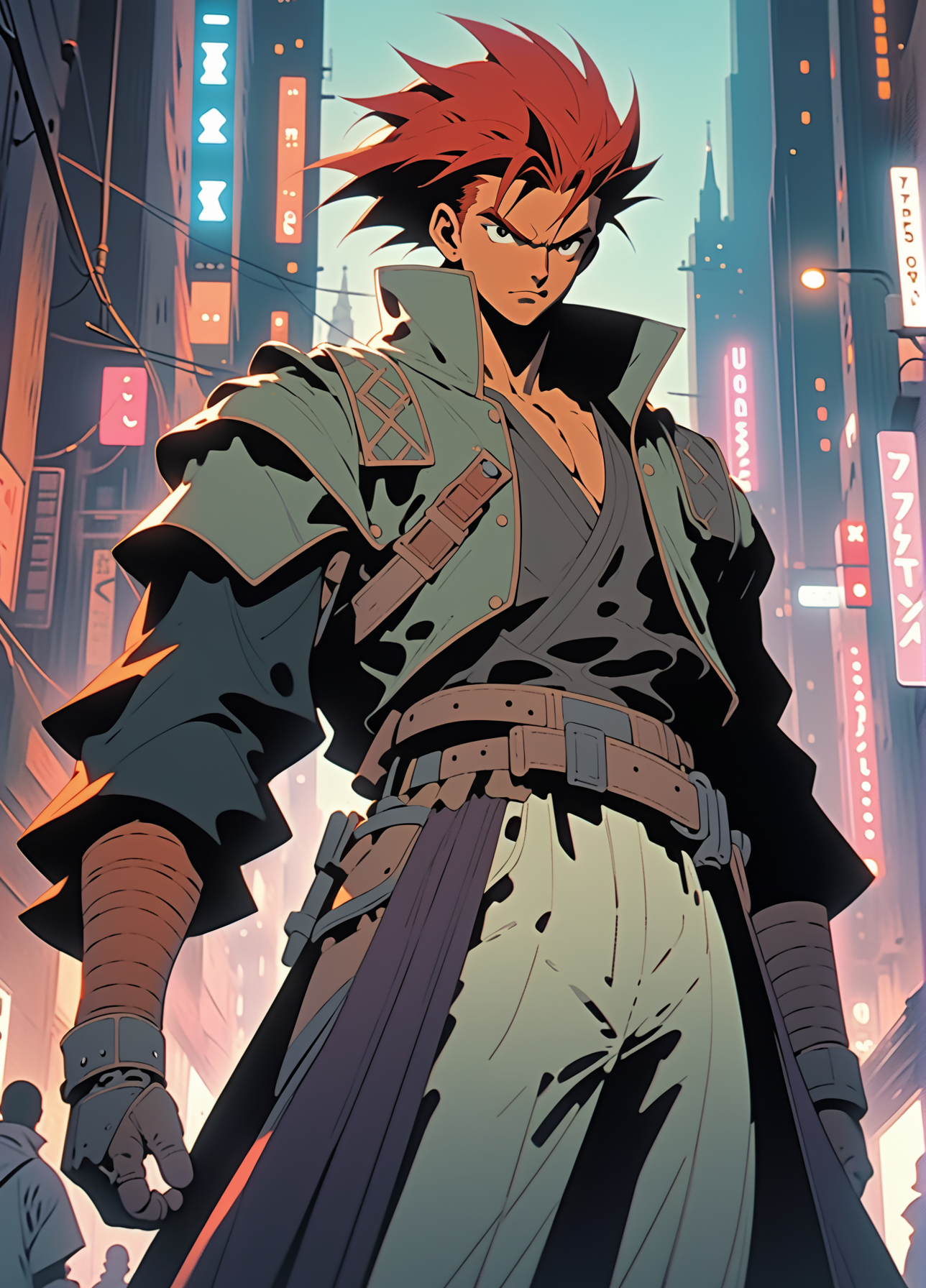 1980s anime, adult male, red haired bounty hunter in gothic city, distinct characterization, 2D animation aesthetic, muted pastel colors, in style of Yoshihiro Togashi