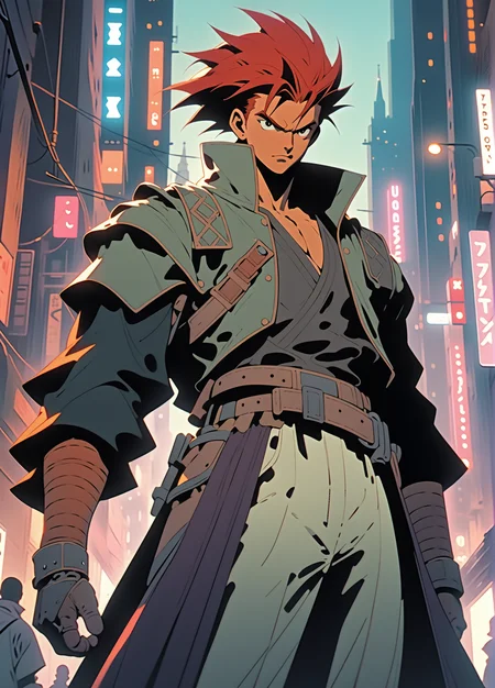 1980s anime, adult male, red haired bounty hunter in gothic city, distinct characterization, 2D animation aesthetic, muted pastel colors, in style of Yoshihiro Togashi