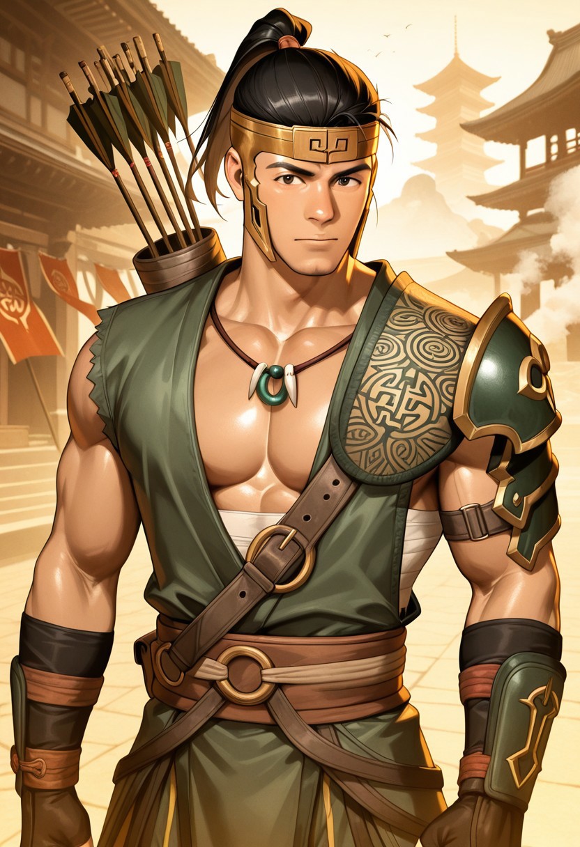 score_9, score_8_up, score_7_up, score_6_up, perfect anatomy, perfect proportions, best quality, masterpiece, high_resolution, high quality, best aesthetic, incredibly absurdres, concept art, digital art, realistic, highres, extremely detailed, huge filesize, mature, masculine, handsome, bara, male focus, solo male, handsome face, perfect face, solo male, close up, kung_jin, 1boy, fantasy warrior, martial artist, asian male, athletic build, muscular arms, medium-length black hair tied in a high ponytail, undercut hairstyle, headband with golden pattern, golden headgear, dark brown eyes, ornate shoulder guard on left shoulder, white-beaded necklace, sleeveless leather combat tunic, brown wrappings on right arm, fingerless gloves, leather strap across chest, intricate fabric sashes and belts, jade-green loose martial pants, quiver of arrows on back, ornate archer's staff with dragon-like design, in combat pose, intense expression, shaolin temple courtyard, flying dust, red banners, temple arches, golden light cutting through smoke, portrait, view from waist up, looking at viewer