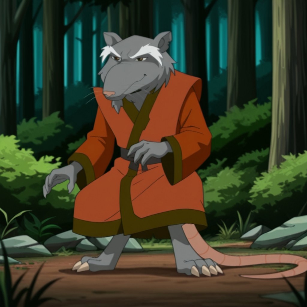 masterpiece, best quality, amazing quality, FFSplinter03IL, semi-anthro, male, rat_boy, grey fur, whiskers, brown eyes, rat tail, red-orange kimono, in a forest, solo, full body