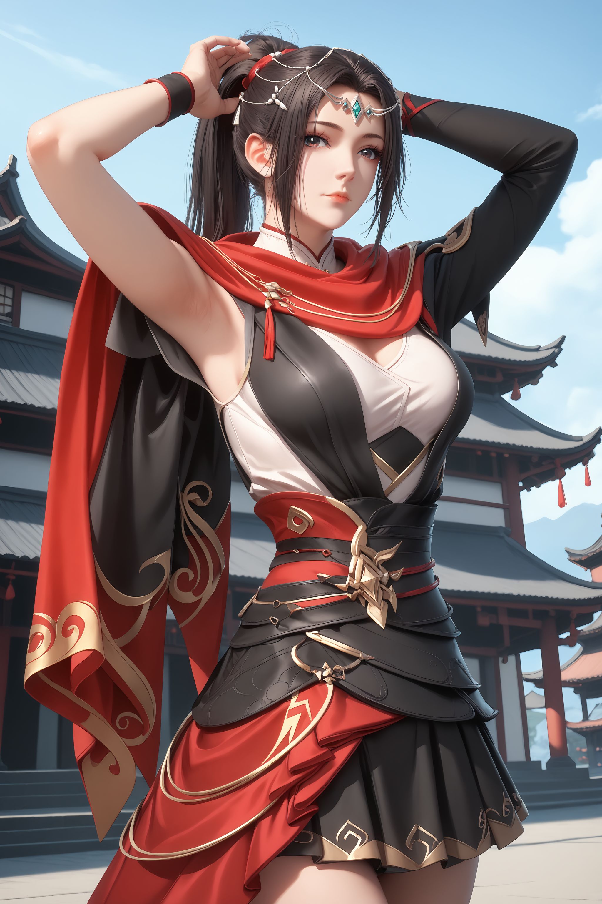 score_9, score_8_up, score_8, source_real,real skin, rating_explicit, ExpresiveH, best quality, unreal engine,game,cg, very aesthetic, CG, masterpiece, ultra high res, highres, More Details, high rating,Intricate and refined delicate details,  looking at viewer,
<lora:age_slider_v4:4>,
<lora:zhuqianning:1>, 1girl, solo, red scarf, ponytail, skirt, hair ornament, black hair, long hair, dress, closed mouth, (arms up), blue sky, sky, outdoors, east asian architecture,