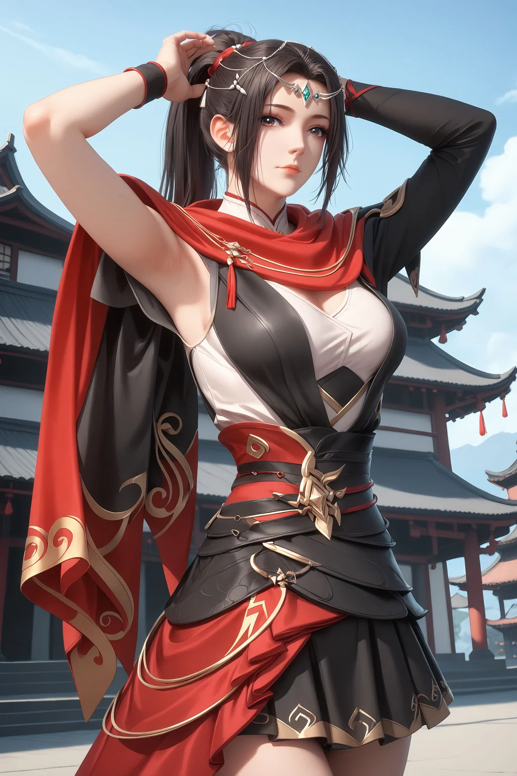 score_9, score_8_up, score_8, source_real,real skin, rating_explicit, ExpresiveH, best quality, unreal engine,game,cg, very aesthetic, CG, masterpiece, ultra high res, highres, More Details, high rating,Intricate and refined delicate details, looking at viewer,
<lora:age_slider_v4:4>,
<lora:zhuqianning:1>, 1girl, solo, red scarf, ponytail, skirt, hair ornament, black hair, long hair, dress, closed mouth, (arms up), blue sky, sky, outdoors, east asian architecture,