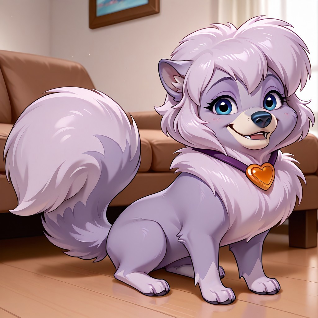 Dixie[B], Solo, 1girl, feral, dog, pomeranian, purple and white fur, short hair, bangs, blue eyes, dog tail, fluffy tail, black nose, necklace, heart pendant, looking at viewer, full body, smiling, sitting, living room background