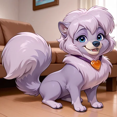 Dixie[B], Solo, 1girl, feral, dog, pomeranian, purple and white fur, short hair, bangs, blue eyes, dog tail, fluffy tail, black nose, necklace, heart pendant, looking at viewer, full body, smiling, sitting, living room background