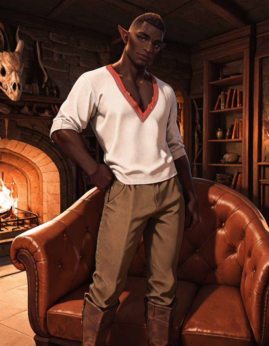 masterpiece, best quality, absurdres, newest, perfect quality, best quality, absolutely eye-catching, detailed background, intricate details, realistic, male focus, <lora:Dragon Age Veilguard - Davrin - Illustrious-000009:0.7>,  dav_davrin, 1boy, mature male, elf, pointy ears, very dark skin, curly hair, buzz cut, dark brown eyes, facial tattoo, white shirt, v-neck, pants,  boots, contrapposto, looking at viewer, indoors, standing, tall armchair, fireplace, dragon skull above fireplace, bookshelf, contrapposto, head tilt, hand on own hip