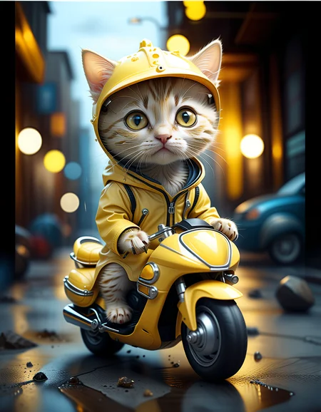 Hyper-realistic digital illustration featuring a kitten with large, expressive eyes, wearing a yellow raincoat and helmet, riding a tiny yellow motorcycle, set against a blurred nighttime city street with warm bokeh lights, creating a whimsical and detailed scene with textures of the wet pavement and scattered debris, highlighting the contrast between the sharp focus on the adorable feline and the out-of-focus urban background, adding a layer of surreal charm and imaginative detail to the picture.