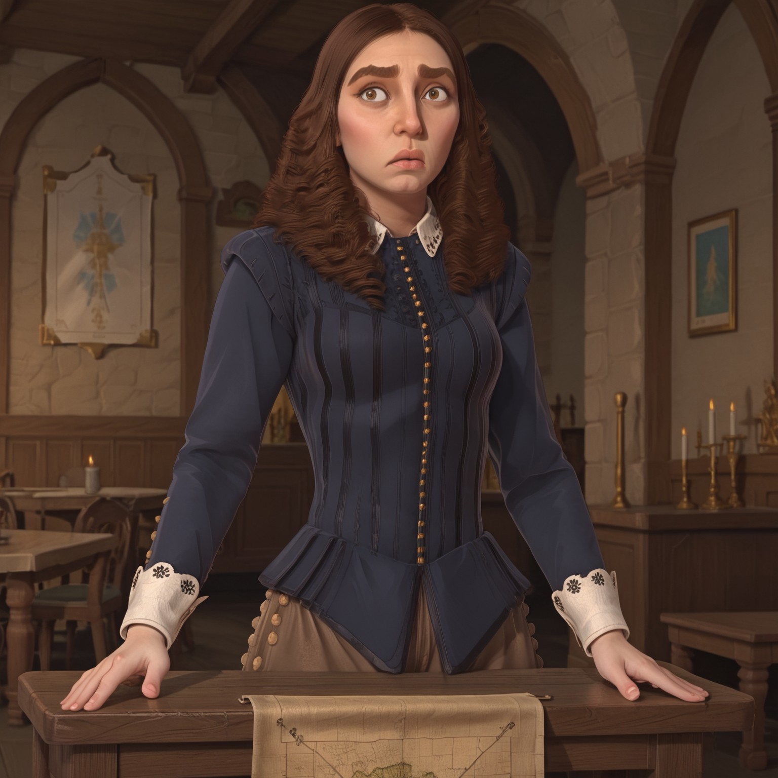 1girl, solo, kristina, long hair, brown hair, dress shirt, brown pants, big nose, thick eyebrows, standing at a wooden table looking at maps, pointing at a map on the table, concerned expression, castle interior
