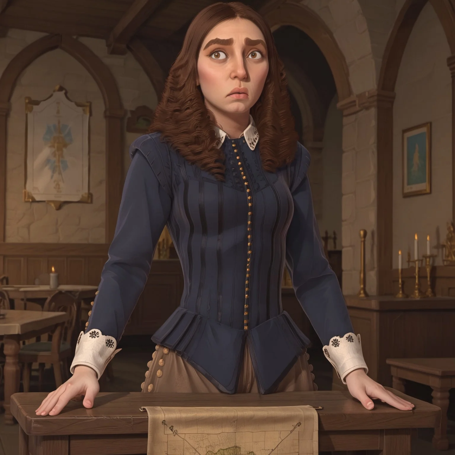 1girl, solo, kristina, long hair, brown hair, dress shirt, brown pants, big nose, thick eyebrows, standing at a wooden table looking at maps, pointing at a map on the table, concerned expression, castle interior