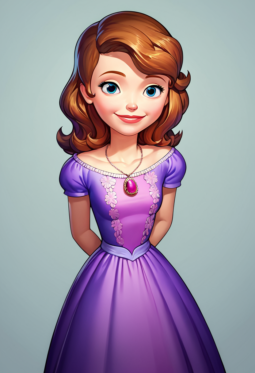 score_9, score_8_up, score_7_up, score_6_up, 1girl, solo, sofia_the_first, purple dress, necklace, standing, arms behind back, posing, light smile, simple background, dynamic angle, looking at viewer