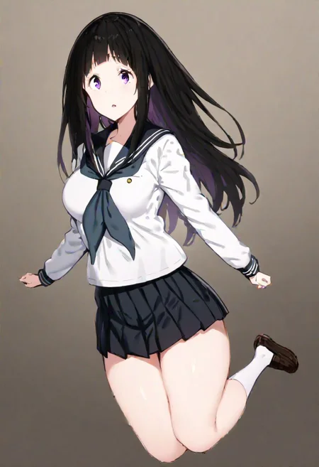 chitanda_eru, 
1girl, chitandaeru, purple eyes, long hair, black hair, kamiyama high school uniform \(hyouka\), school uniform, serafuku, 
masterpiece, best quality, very aesthetic, absurdres, 1milf, 1adult, solo, full_body, tachi-e,