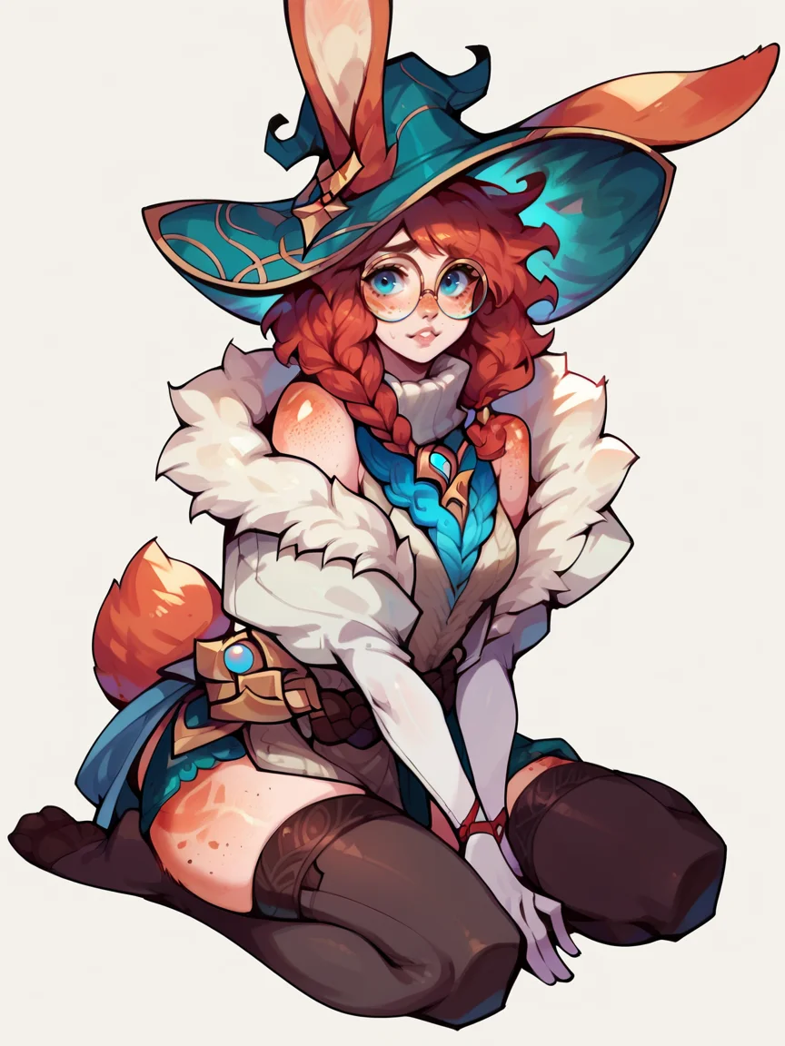 score_9, score_8_up, score_7_up, score_6_up, score_5_up, <lora:AuroraLOLXLP:1> auroralol, 1girl, solo, rabbit ears, round eyewear, blue eyes, freckles, hat, gloves, tail, thighhighs, red hair,