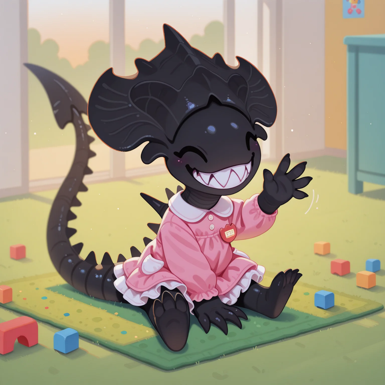 masterpiece, best quality, amazing quality, very aesthetic, absurdres, newest, pikaole, cute, (solo), xenif, teeth, sharp teeth, tail, no humans, monster, colored skin, black skin, claws, spikes, frilly pink dress, smiling, ^_^, waving, looking at viewer, sitting on green rug, toy blocks, (kindergarten), golden hour, <lora:XenomorphQueenIL:1> <lora:pikaole:1>