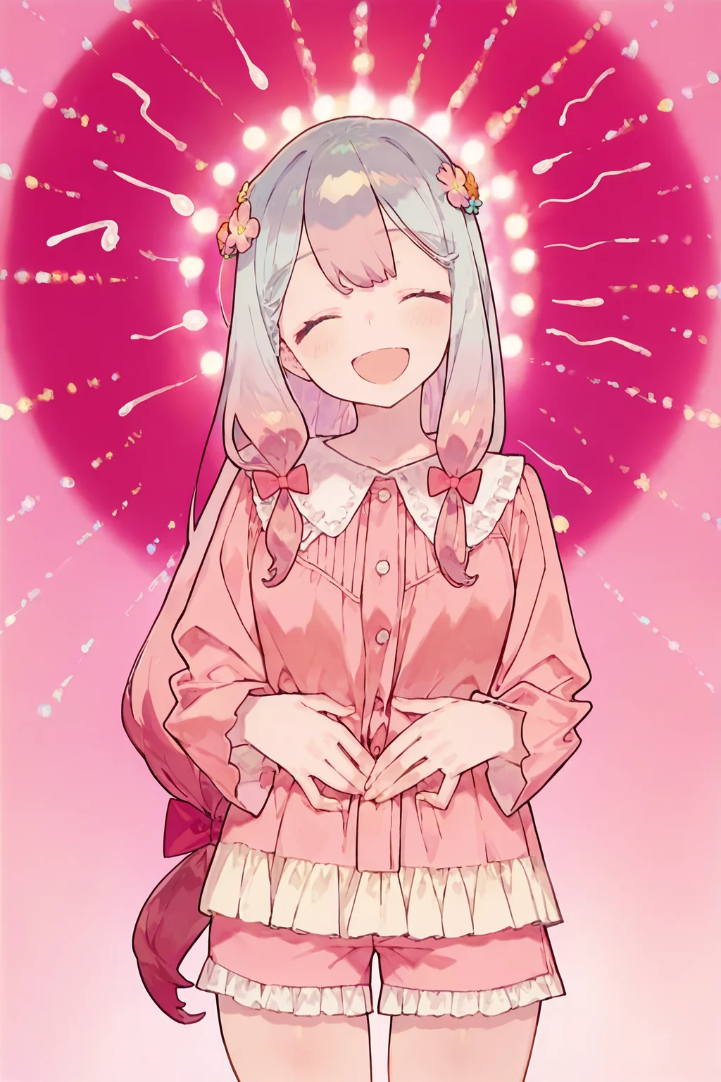 noco_(adamas), anime screencap, masterpiece, best quality,
1girl, solo,(blue eyes:0.8),
low-tied long hair, multicolored hair, grey hair, pink hair, hair bow, pink bow, (side ponytail, hair over shoulder:0.0), multicolored hair, grey hair, pink hair, (blue eyes:0.8), hair flower, (SagiriPajamas, frilled shirt, pink shirt, buttons, long sleeves, frilled shorts, short shorts, pink shorts:0.8),
((closed eyes)), open mouth, smile, head tilt,
hands on stomach,
(sperm at background:1.074),simple sperm,pastel pink background,simple background, umai!, meme, radial light panel,radial sperm, backlit,