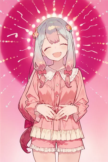 noco_(adamas), anime screencap, masterpiece, best quality,
1girl, solo,(blue eyes:0.8),
low-tied long hair, multicolored hair, grey hair, pink hair, hair bow, pink bow, (side ponytail, hair over shoulder:0.0), multicolored hair, grey hair, pink hair, (blue eyes:0.8), hair flower, (SagiriPajamas, frilled shirt, pink shirt, buttons, long sleeves, frilled shorts, short shorts, pink shorts:0.8),
((closed eyes)), open mouth, smile, head tilt,
hands on stomach,
(sperm at background:1.074),simple sperm,pastel pink background,simple background, umai!, meme, radial light panel,radial sperm, backlit,