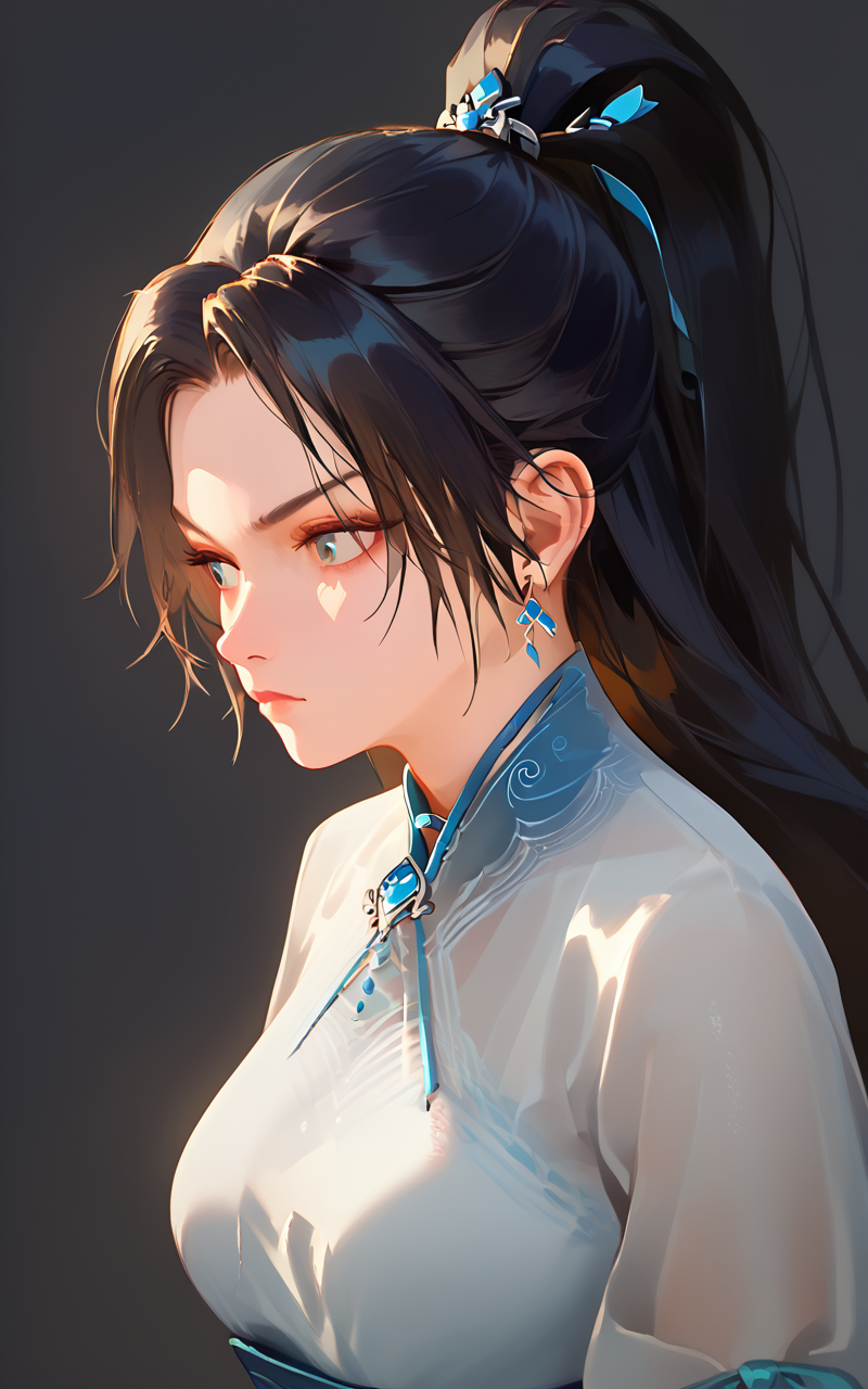 score_9,score_8_up,score_7_up,
<lora:ningyaoPony-000002:1>,
ningyao,1girl,solo,jewelry,earrings,ponytail,long hair,hair ornament,dress,black hair,simple background,upper body,chinese clothes,closed mouth,looking to the side,dark background,<lora:v6:1>,
