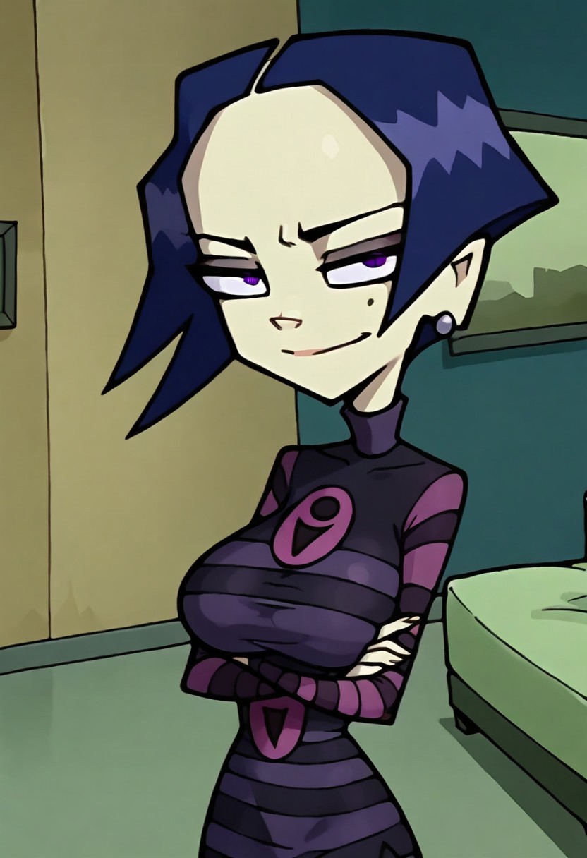 Score_9_up, score_8_up, score_7_up, BREAK, Jabstyle, Expressiveh, dynamic angle, high quality, 1girl, takhinvz, blue hair, solo, makeup, pale skin, purple eyes, mole under eye, striped dress, striped sleeves, turtleneck, large breasts, small earring, arms crossed, smirking, looking at viewer, bedroom, detailed scenery