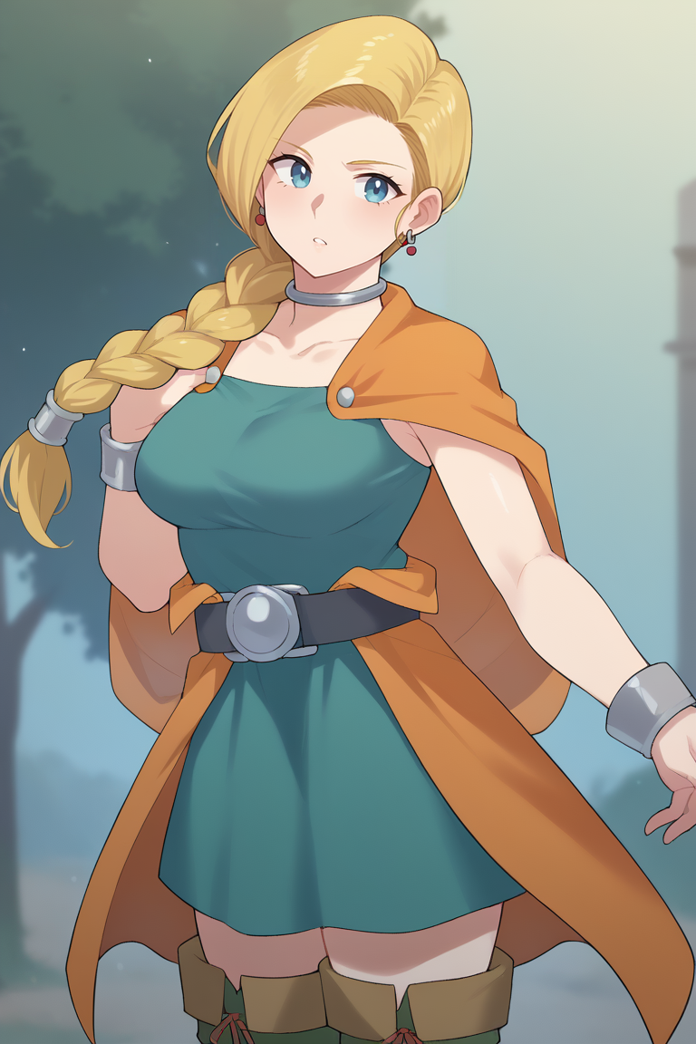 score_9, score_8_up, score_7_up, BREAK,  <lora:ntrman-guy-PONYv1:1>, 1girl, solo, breasts, <lora:dqbianca-pdxl-nvwls-v1:0.95> dqBianca, single braid, hair over shoulder, earrings, choker, orange cape, green dress, belt, boots