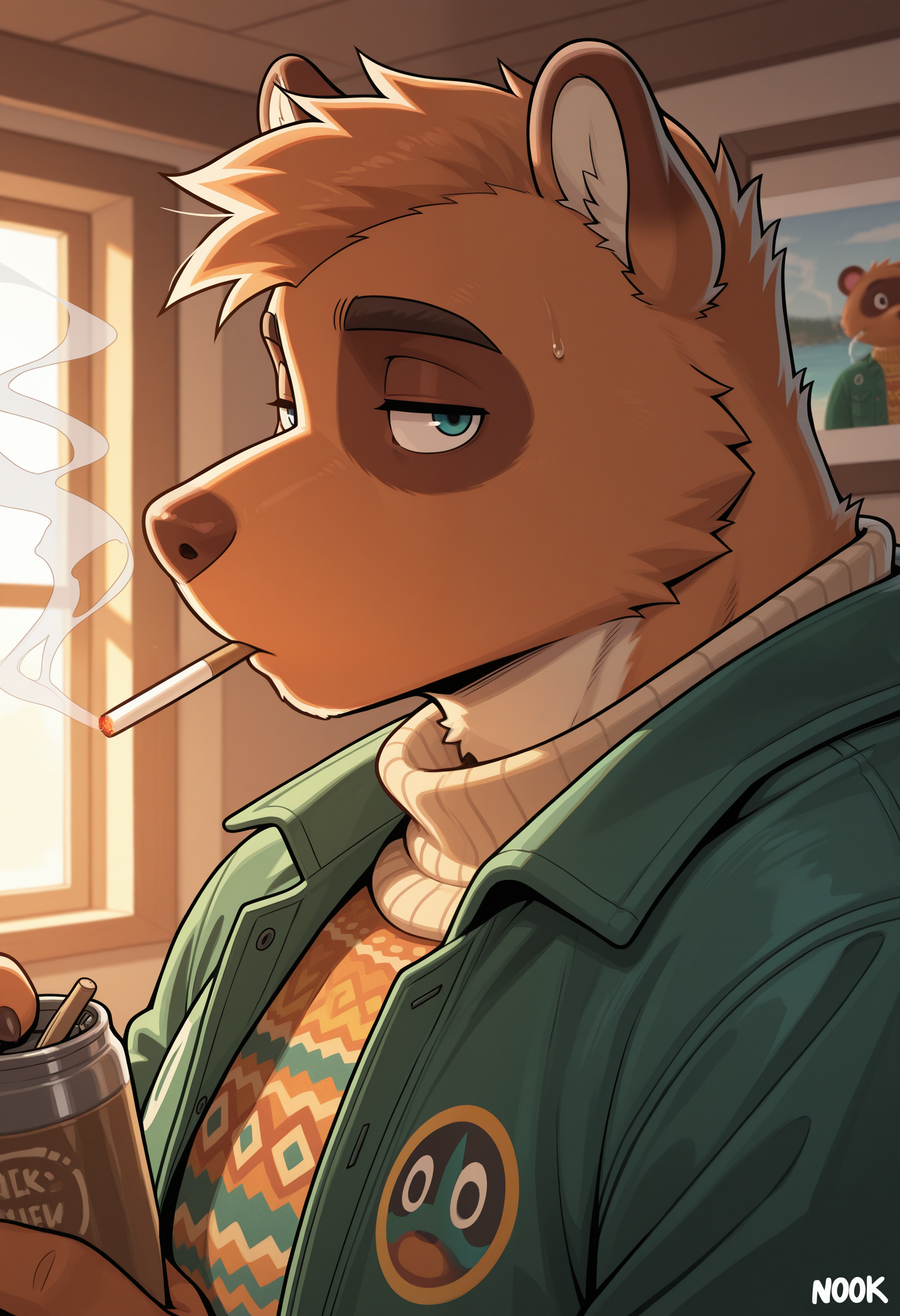 masterpiece,best quality,amazing quality,solo, 1boy, n00k, furry, bara, green jacket, nook sweater, close up, smoking,