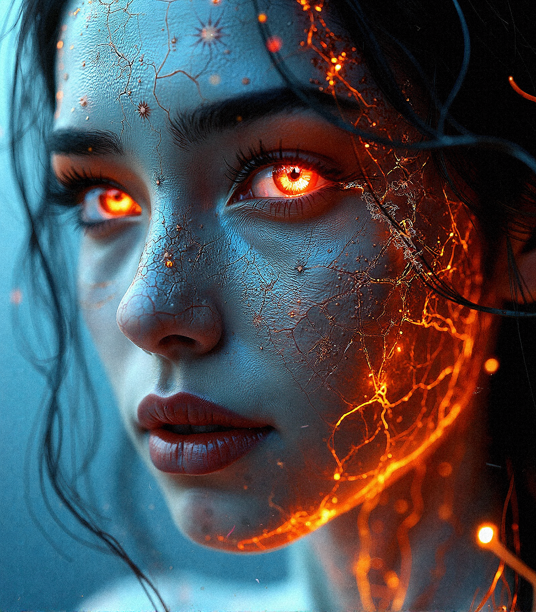  a hyper-realistic close-up of a female character with glowing, ember-like eyes that burn with an intense inner fire. Her skin is a cold, translucent blue, contrasted with intricate cracks and fissures that glow with molten orange and red hues, suggesting that she is a fusion of ice and fire. Her face should have a photorealistic texture, showing fine skin details, with subtle reflections of the fiery glow on her lips and cheeks. The image should capture the intensity of her gaze, with wisps of hair framing her face, illuminated by the fiery light.

The background should be soft and blurred, allowing the viewer to focus entirely on the intricate details of her face. Use dynamic lighting to accentuate the contrast between the cool blue skin and the hot, glowing cracks. This character should evoke a sense of power and mystery, as if she is a supernatural entity or a being in the midst of transformation. Add subtle details like faint embers or sparks around her, enhancing the illusion that she is emanating heat and light from within.
