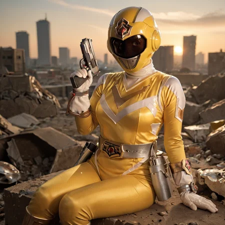 20yo, score_9, score_8_up, score_7_up, shiny oild skin, 
sentaisaintforce, yellow bodysuit, silver belt, white gloves, spandex, wing-shaped chest symbol, medium breasts, helmet removed, no headwear, 
holstered, handgun, holster, 
 city ruin, rubble, sitting, night, explosion, 
 <lora:Saint_Force:0.8>