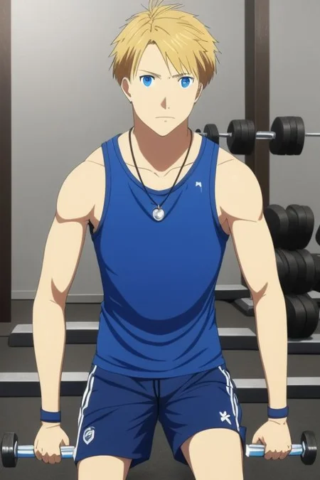 high resolution, solo, best quality, 1Boy, Yamato Ishida, Blond Hair, Blue Eyes, Necklace, Gym , tank top, shorts, exercise, sixpack, gym, OverallDetail