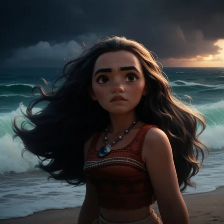 score_9, score_8_up, score_7_up, score_6_up, score_5_up, score_4_up, MoanaM, standing on the beach, stormy weather, dark sky, waves, portrait, necklace, long hair