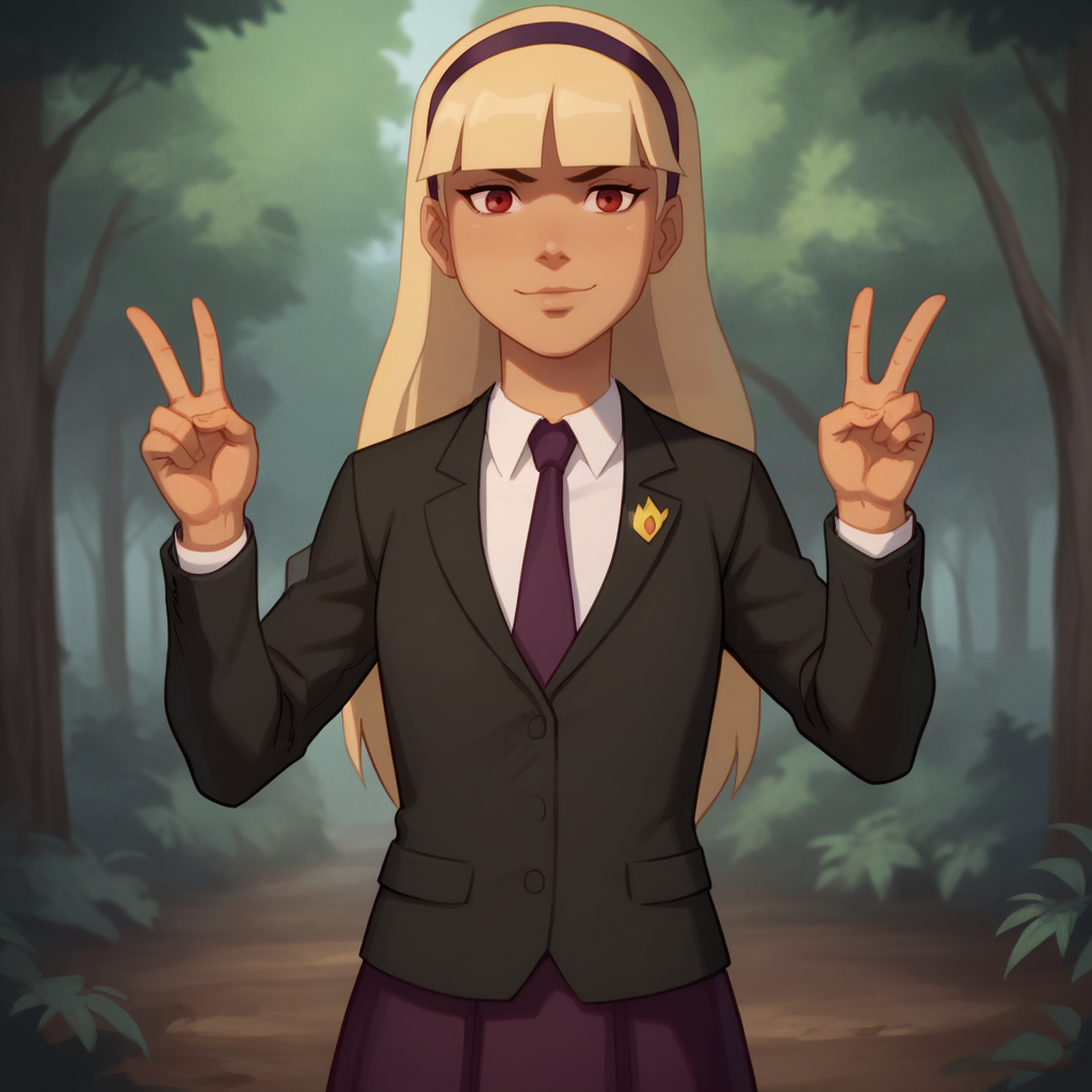 score_9_up, score_8_up, BREAK, YJTheC, 1girl, solo, blonde hair, long hair, red eyes, headband, suit, formal, necktie, skirt, cowboy shot, double v,  <lora:TheChild_YoungJustice_PXL_Leaf1:1>, looking at viewer, forest,