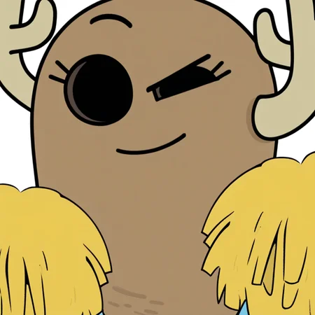 Solo, 1girl, white background, penny, penny fitzgerald, peanut body, black eyes, closed mouth, smiling, on model, smug, smug grin, raised eyebrow, hole eyes, antlers, close up, looking at viewer, pom pom, pompoms, cheerleader,