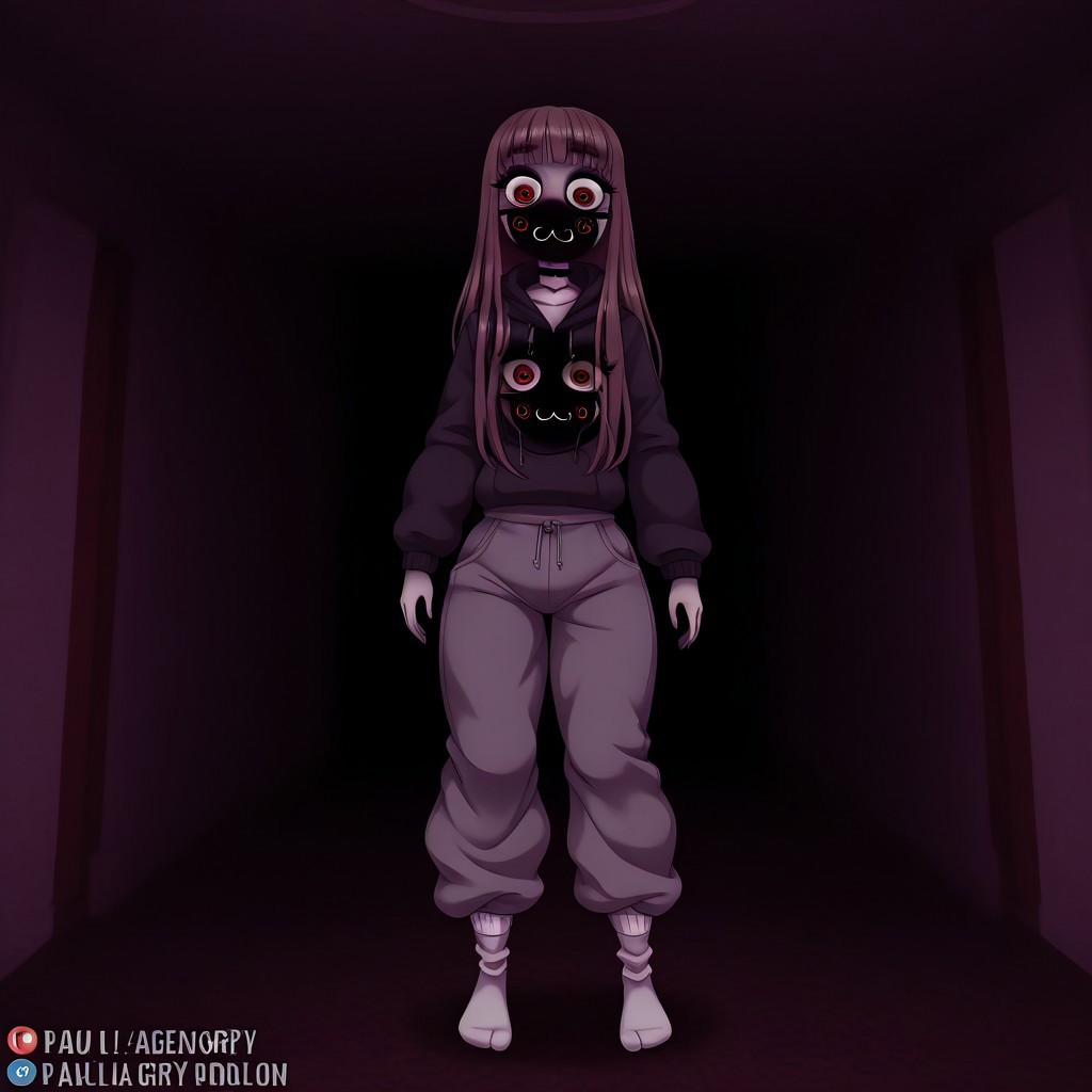 Paula,1girl,Brown hair,mask with :3 symbol,choker,bangs, hoodie,baggy gray pants,white socks,Long hair
analog horror,horror \(theme\),
Paula with red eyes in the middle of the darkness