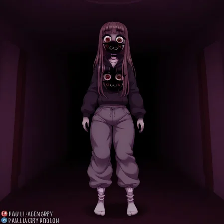 Paula,1girl,Brown hair,mask with :3 symbol,choker,bangs, hoodie,baggy gray pants,white socks,Long hair
analog horror,horror \(theme\),
Paula with red eyes in the middle of the darkness