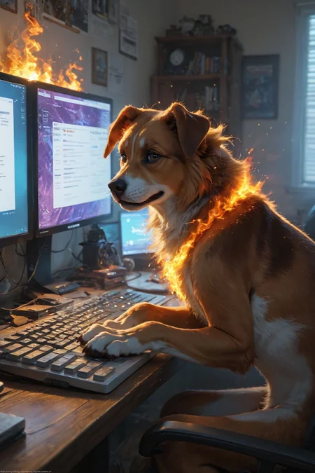 looking at viewer,detailed background,Cinematic Lighting,film grain,score_9,score_8_up,score_7_up,masterpiece,best quality,highly detailed,
<lora:(增强)sdxl_lightning_8step_lora:1>,<lora:glowneon_xl_v1:1>,glowing,<lora:Expressive_H:0.8>,Expressiveh,<lora:th3rm4lXLP:0.4>,th3rm4l,colorful,
realistic,computer,no humans,keyboard (computer),monitor,english text,dog,fire,speech bubble,animal,indoors,keyboard \(computer\),