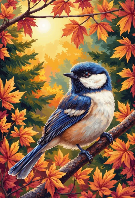 A beautiful painting of an elegant chickadee in an autumn forest . The painting is a realistic oil work with colorful bird illustrations, delicate brushstrokes, The scene is bathed in soft light with a dreamlike quality, creating a serene atmosphere. Warm morning sun. The soft focus and vintage style were achieved through the use of oil paints and a long exposure, which emphasized the delicate textures of nature. High resolution.