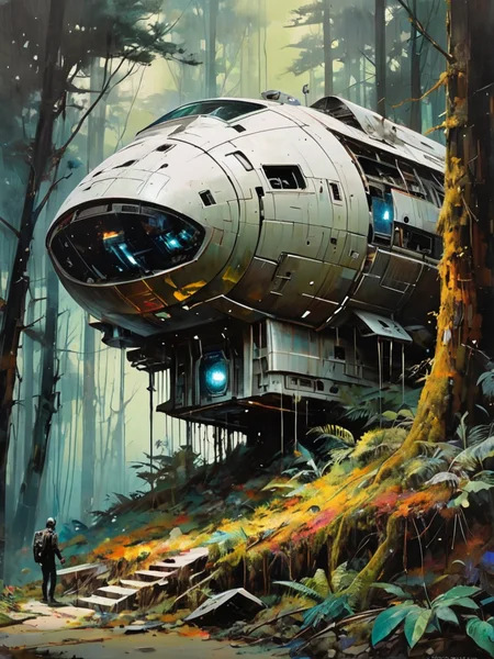 Capture an abandoned spaceship settled in a dense forest, blending Minjae Lee's distinctive styleâmarked by intense colors and dynamic, expressive strokes. Employ heavy, bold brushwork to depict the contrast between the technology's decay and the forest's vitality. Utilize Lee's vibrant palette to highlight the encroachment of nature, with vivid greens, deep browns, and the stark metallics of the spacecraft creating a compelling visual narrative. This oil painting should evoke a sense of both abandonment and natural reclaim, embodying the unique fusion of man-made and natural elements (style of  Jeremy Mann:1.1)