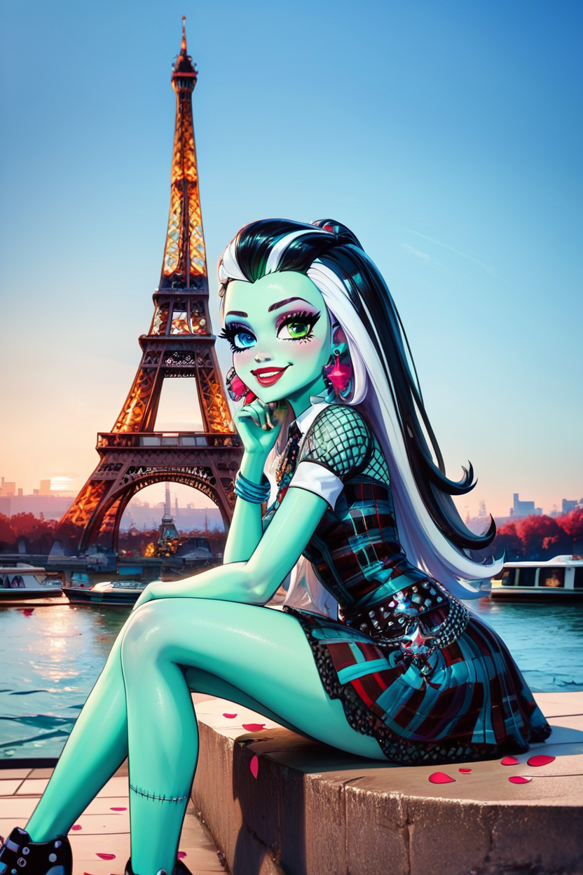 score_9, score_8_up, score_8, medium breasts, (curvy), cute, eyelashes,       BREAK, , zzFrankie, heterochromia, blue eyes, green eyes, multicolored hair, aqua skin, streaked hair, black hair, white hair, long hair,  stitches,  jewelry, earrings, makeup, lipstick, plaid dress, skirt, bracelet, <lora:Frankie_MH_PDXL:1.0>, , BREAK, zzEiffelTower in background, sitting, watercraft, boat, sitting on wall, side view, looking at viewer, smile, ,,, BREAK, blooming stars, luminescent petals, otherworldly fragrance blurry background, ,,, embedding:zPDXL, Expressiveh, ,,, <lora:EiffelTowerPDXL:1.0>, <lora:CatalystStylePDXL:0.6>, <lora:SDXLFaeTastic2400:0.5>, <lora:Expressive_H-000001:0.4>,