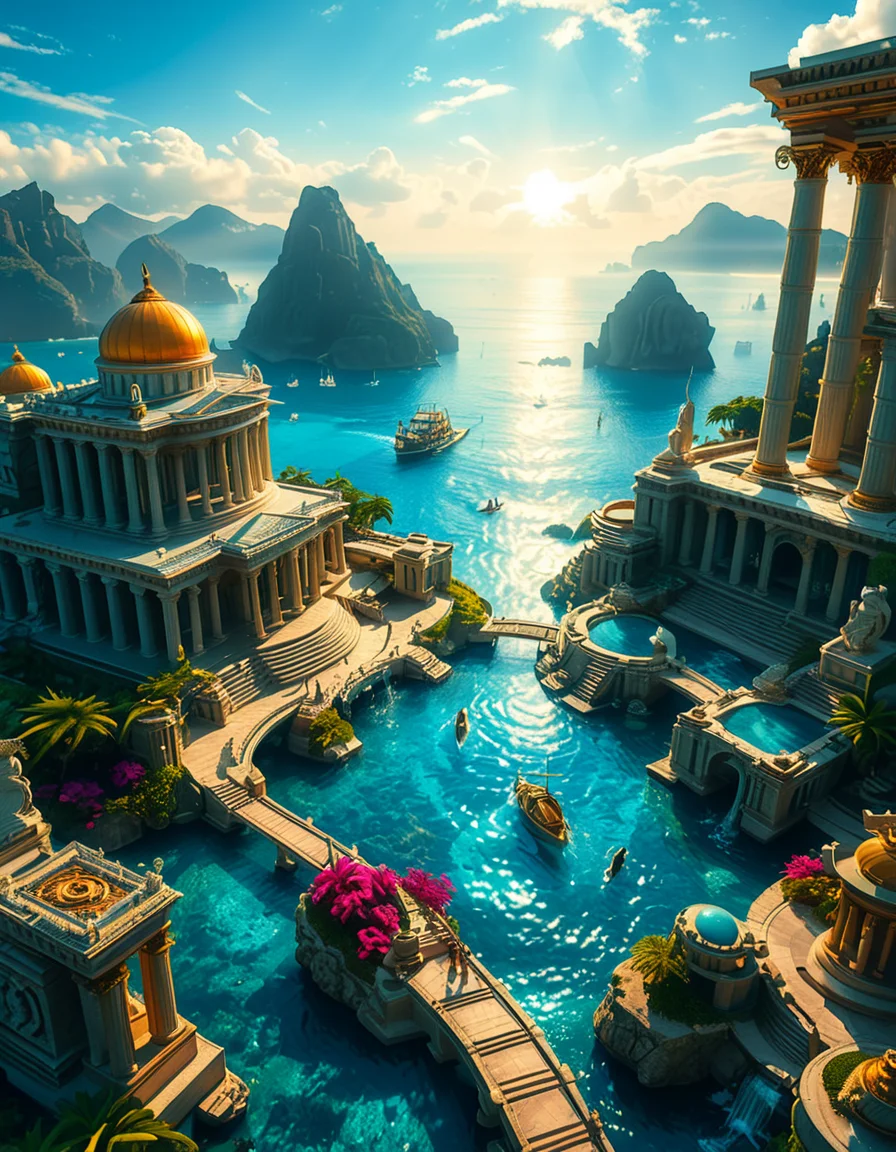 A breathtaking view of the lost city of Atlantis, submerged beneath crystal-clear ocean waters. The city showcases a magnificent blend of ancient Greek and futuristic architecture, with towering marble temples, golden domes, and intricate carvings glowing under the soft bioluminescent light of coral reefs. Majestic pillars and archways, partially covered in coral and algae, rise from the ocean floor, creating an atmosphere of mystery and forgotten grandeur. The sunlight filters through the water, casting shimmering patterns on the grand stone pathways and illuminating massive statues of gods and mythical beings, eroded by time. The scene is peaceful and awe-inspiring, with an ethereal blue glow enhancing the dreamlike, almost magical quality of this underwater utopia. No marine creatures or human presence disrupt the timeless serenity of this lost civilization.
<lora:atl4nt1s:1>,atl4nt1s,<lora:SDXLFaeTastic2400:0.4> <lora:extremely_detailed:0.4> extremely detailed, Masterpiece,best quality,hi res,8k,hi res,8k,award winning,(sharp focus, intricate, highly detailed),
