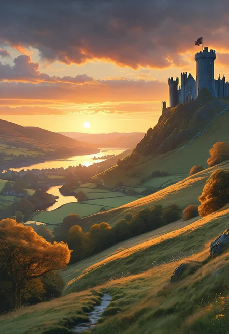 A captivating night scene illustration featuring Camelot large hill overlooking a lake in Wales. Camelot ancient but well maintained and updated and comfortable to live in. Smoke rises from the chimneys. This enchanting artwork captures a serene and peaceful early morning, where the sun is just starting to rise over the beautiful hills and Camelot which stands resolute amidst hills of Wales, creating a cinematic experience back to the times of King Arthur and his knights,
illustration, cinematic
<lora:DonM3t3rn1tyXL-v1.1:0.7>, DonM3t3rn1tyXL,
OverallDetailXL <lora:MJ52:0.3> <lora:SDXLFaeTastic2400:0.4> <lora:EpicF4nta5yXL:0.7>