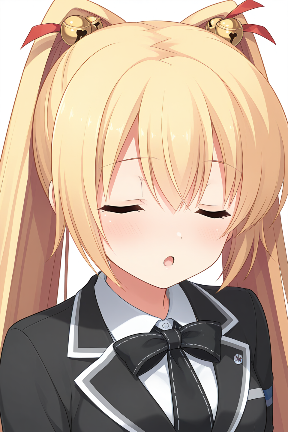 masterpiece, best quality, absurdres, official art, official style, rating general BREAK <lora:asasakameguri_IL_v1-4:0.7>, asasaka meguri, 1girl, solo, blue eyes, blonde hair, twintails, hair between eyes, very long hair, hair ribbon, red ribbon, hair bell, jingle bell, cat hair ornament, small breasts, looking at viewer, school uniform, long sleeves, black jacket, white shirt, black bowtie, black necktie, short necktie, blazer, buttons, emblem, collared shirt, striped sleeves, upper body, portrait, close-up,
blush, :o, closed eyes, facing viewer, open mouth, tired, looking down