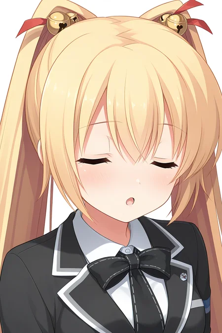 masterpiece, best quality, absurdres, official art, official style, rating general BREAK <lora:asasakameguri_IL_v1-4:0.7>, asasaka meguri, 1girl, solo, blue eyes, blonde hair, twintails, hair between eyes, very long hair, hair ribbon, red ribbon, hair bell, jingle bell, cat hair ornament, small breasts, looking at viewer, school uniform, long sleeves, black jacket, white shirt, black bowtie, black necktie, short necktie, blazer, buttons, emblem, collared shirt, striped sleeves, upper body, portrait, close-up,
blush, :o, closed eyes, facing viewer, open mouth, tired, looking down