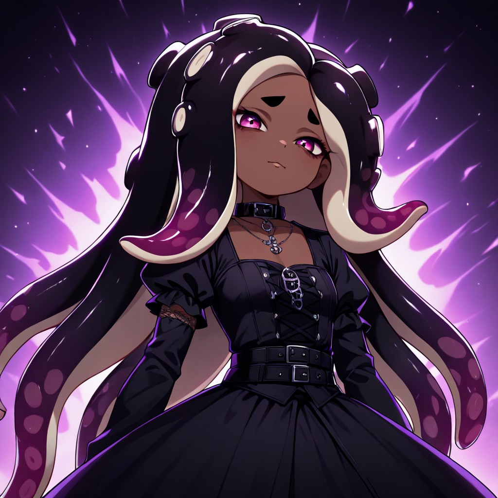 masterpiece, best quality, newest, absurdres, highres, anime, anime style, 1girl, dark skin, dark-skinned female, goth, goth girl, THV-1.0, Tentacle hair,